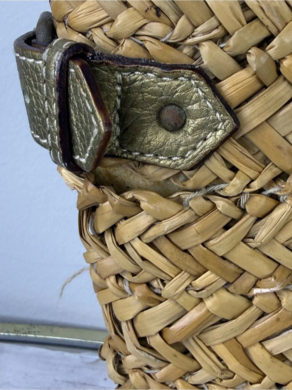 J. Crew Straw Tote with Metallic Gold Trim and Navy Interior